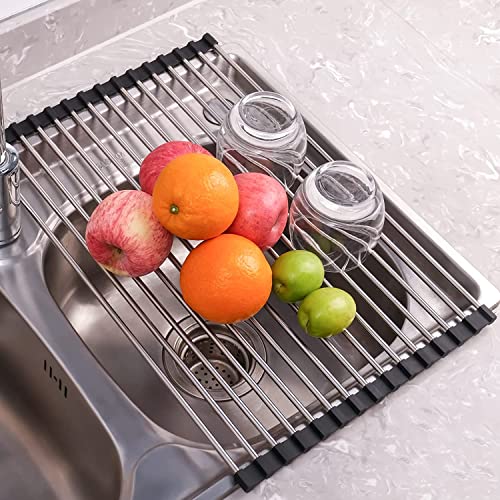 Seropy Roll Up Dish Drying Rack Over The Sink for Kitchen Sink Drying Rack Folding Dish Drainer Mat Rolling Dish Rack Sink Rack Stainless Steel Kitchen Dry Rack Black 17.5x15.7 Inch - color: Black, size: 17.5 x 15.7 in