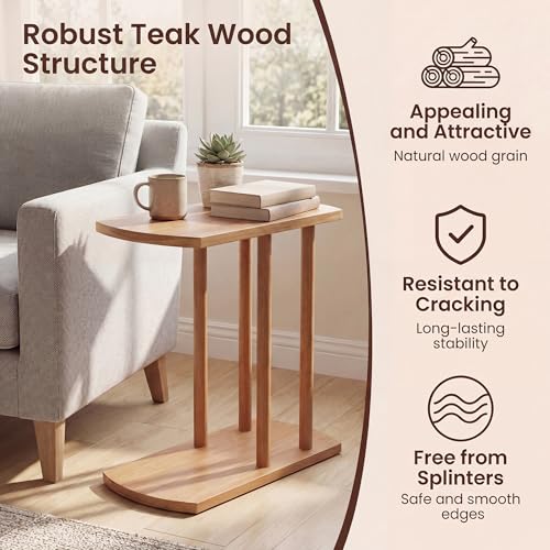 COSTWAY Solid Teak C-Shaped Side Table, Natural Slim 2-Tier End Table with Thick Top & Stable Base, Space-Saving Couch Table for Living Room Bedroom Small Spaces (1)