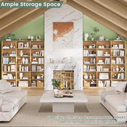 Triple Wide Bookshelf, 6 Tier Large Bookshelf, Natural Bookcase with 18 Open Display Shelves, 71.6'' Tall Book Case and Book Shelves for Living Room, Home Office, Library - color: Natural, size: Wide 59.1 Inch-1pc