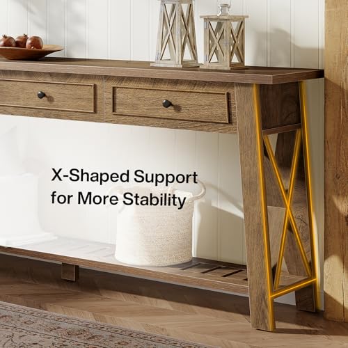 Tribesigns Console Table with 3 Storage Drawers, 70.87 Inches Extra Long Sofa Table Behind Couch with Bottom Shelf, Farmhouse Wooden Entryway Hallway Foyer Table for Living Room, Entrance (Brown) - color: Brown