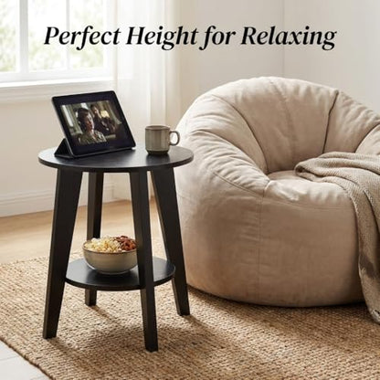 Small Round Side Table-17.7" Cute End Table with 2-Tier Storage | Waterproof Low Nightstand for Kids Room, Nursery, Small Spaces, Plant Stand & Bean Bag (Black) - color: Charcoal Black