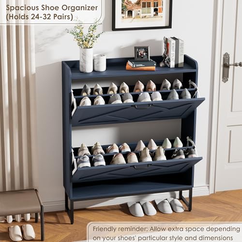 Nicetree Shoe Storage Cabinet, Shoe Cabinet with 2 Flip Drawers, Narrow Shoe Rack Cabinet, Farmhouse Slim Shoe Cabinet Storage for Entryway,Blue - color: Navy Blue