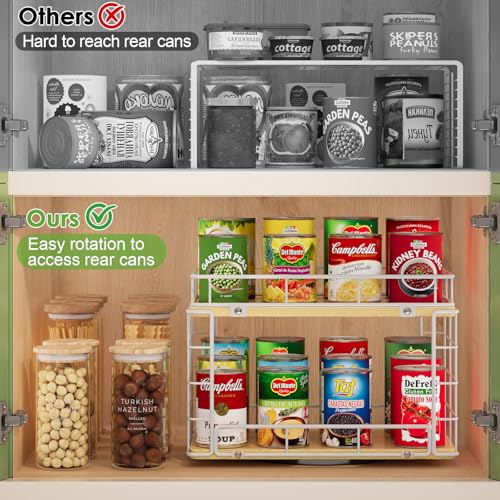 360° Lazy Susan Can Organizer, 2-Tier Rotating Metal Wire Wood Can Rack Holder, Kitchen Pantry Cabinet Countertop Turntable Storage Shelf, Hold 26 Soda Cans Food Beverage Cans Organizer, White - color: White