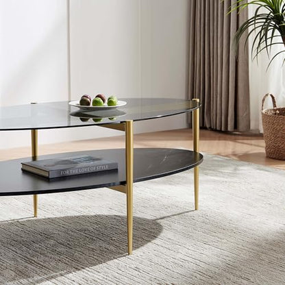 LumFurn Oval Glass Coffee Table, Mid-Century Modern Design, L43 x W22 x H17 inch, Surfboard Shaped Grey Glass Top and Black Marble Finish Wood Shelf, Tapered Legs with Gold Finish Frame - color: Grey & Black Marble, size: L43" Surfboard Coffee Table
