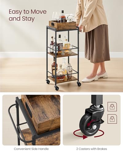 VASAGLE Kitchen Serving Cart with Removable Tray, 3-Tier Kitchen Utility Cart on Wheels with Storage, with Brakes, Leveling Feet, 11.8 x 13.7 x 33.9 Inches, Rustic Brown and Black ULRC062B01 - color: Rustic Brown + Black, size: 11.8"D x 13.7"W x 33.9"H
