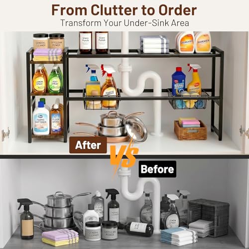 Housolution Expandable Under Sink Cabinet Organizer Rack and Storage Shelf | 24"-37.8" Expandable Length, 3-Tier Side Wooden Shelves, Height Adjustable for Kitchen Bathroom