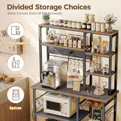 SUPERJARE Large Bakers Rack with Power Outlets, 6-Tier Microwave Stand, Coffee Bar with 12 S-Shaped Hooks, Kitchen Shelf with Wire Basket, 39.4 x 14.6 x 66.9 Inches, Charcoal Gray - color: Charcoal Gray, size: 39.4inch
