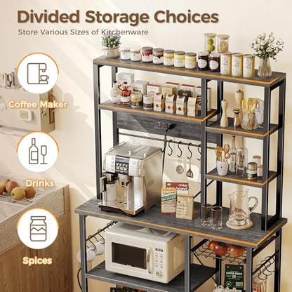 SUPERJARE Large Bakers Rack with Power Outlets, 6-Tier Microwave Stand, Coffee Bar with 12 S-Shaped Hooks, Kitchen Shelf with Wire Basket, 39.4 x 14.6 x 66.9 Inches, Charcoal Gray - color: Charcoal Gray, size: 39.4inch