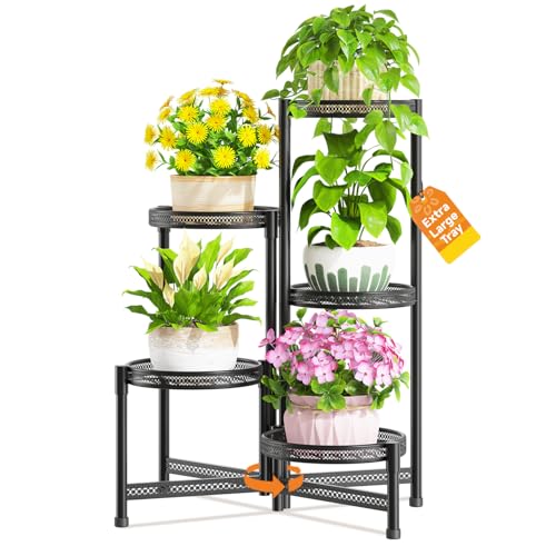 LASZOLA 5 Tiered Folding Tall Plant Stand for Indoor Outdoor Corner, Larger Heavy Duty Metal Adjustable Multiple Rack with 10 Inch Wide Hollow Tray, Flower Planter Holder for Modern House Patio, Black - color: Brushed Black, size: 5 Tier