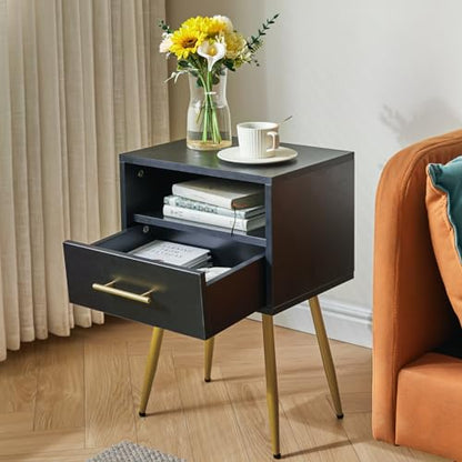 IBUYKE Nightstand, Mid Century Modern Night Stand, Bedside Table with Drawers and Open Storage Shelf, End Side Table with Metal Legs, for Bedroom, Small Spaces,Black UWNS004B - color: Black