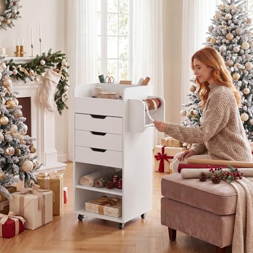 Tangkula Rolling Storage Drawer Cart, Home Office Mobile Drawer Cart, Wooden Utility Cart Storage Cabinet w/ 3 Drawers & 3 Open Storage Shelves, Paper Organizer w/Lockable Casters