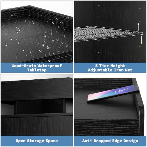 Baoz Black Nightstand Set of 2 with Door, 24" Tall Led Modern Bedside Table | Wood Night Stand with Side Open Shelf & Adjustable Shelf for Bedroom, Smart Lights with RGB Colors