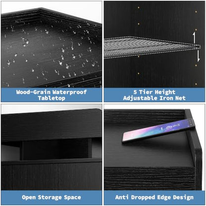 Baoz Black Nightstand Set of 2 with Door, 24" Tall Led Modern Bedside Table | Wood Night Stand with Side Open Shelf & Adjustable Shelf for Bedroom, Smart Lights with RGB Colors