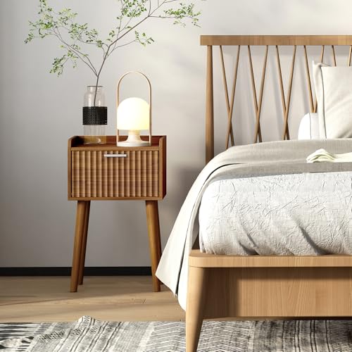 LAATOOREE Small Nightstands Set of 2, Side End Table, Bedside Table with Fluted Door, Solid Wood Feet; for Bedroom, Small Bed - color: Rustic Brown, style: Fluted Style