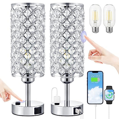 Hong-in Crystal Lamp Touch Control Set of 2, Sliver Crystal Table Lamps with USB C+A Ports & AC Outlet, 3-Way Dimmable Nightstand Touch Lamp, Modern Bedside Table Lamp for Bedroom(Bulbs Included) - color: A-Silver