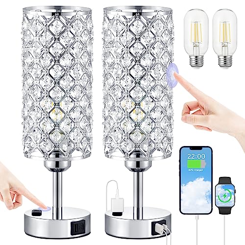 Hong-in Crystal Lamp Touch Control Set of 2, Sliver Crystal Table Lamps with USB C+A Ports & AC Outlet, 3-Way Dimmable Nightstand Touch Lamp, Modern Bedside Table Lamp for Bedroom(Bulbs Included) - color: A-Silver