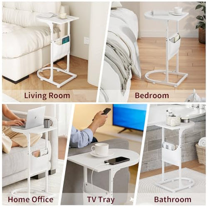 C Shaped End Table, Slide Under Small Side Table for Couch & Small Spaces | Wobble-Free C Table For Sofa, White, Storage Bag, Sturdy Metal Frame, Wood Top, Living Room & Bedroom, 15-Min Quick Assembly - color: Classic White