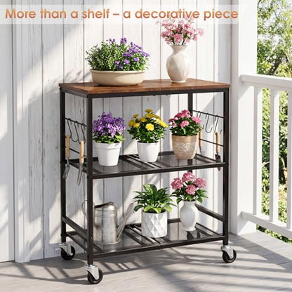 Rolling Kitchen Microwave Cart, 3-Tier Cart with Lockable Casters, 6 S Hooks for Towels, Rolling Kitchen Storage Rack, Space Saving Stand for Small Kitchen, Apartment, Coffee Bar - color: Black