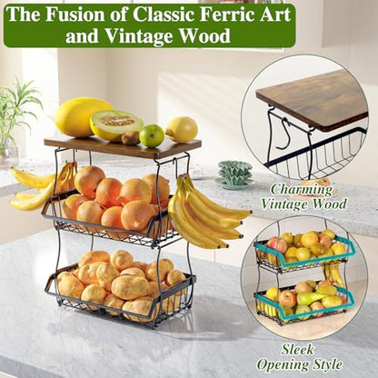 OKZEST 3-Tier Fruit Basket Fits Between Countertop & Upper Cabinet, 16.8" H | Includes wood top & banana hangers, Stackable kitchen countertop organizer, Holds potato, onion, bread, snack, fruit, veggie - size: 3-Tier (With wood top)