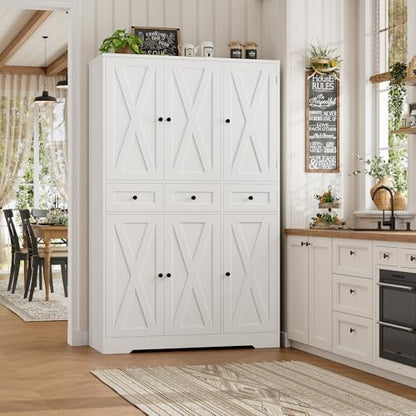HOSTACK 67"H Farmhouse Kitchen Pantry Storage Cabinet with 3 Drawers, White | Large Food Pantry Cabinet with Swing-Out Door Rack & Adjustable Shelf for Kitchen, Dining room, Living room - color: White