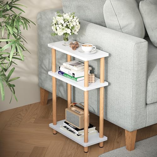 Apicizon 3 Tier End Table, Narrow Side Table with Storage Shelf, Bedroom, Living Room, Entryway, Farmhouse, White and Natural - color: White and Natural, style: Narrow Side Table