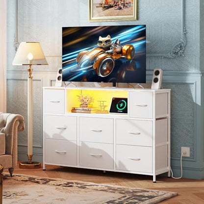 WLIVE White Dresser TV Stand for 45, 50, 55 inch TV, Entertainment Center with LED Lights & Charging Station, Chest of Drawers with 8 Fabric Drawers and Open Shelves for Living Room, Hallway, Wood Top - color: White