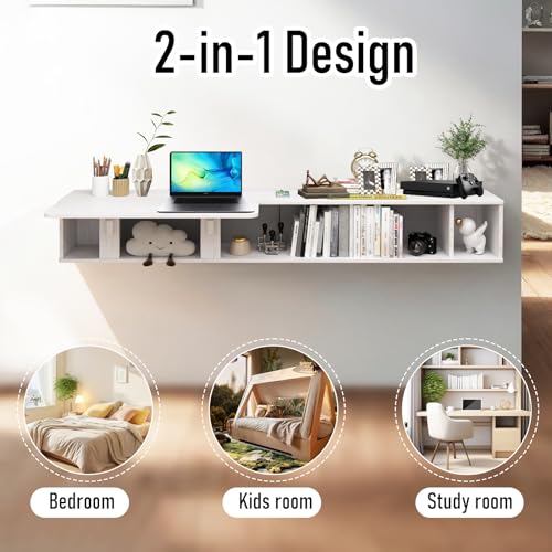 Pmnianhua 70'' Floating Desk with Storage Shelves,Wall Mounted Desk Laptop Computer Writing Study Table for Bedroom Small Space(White)