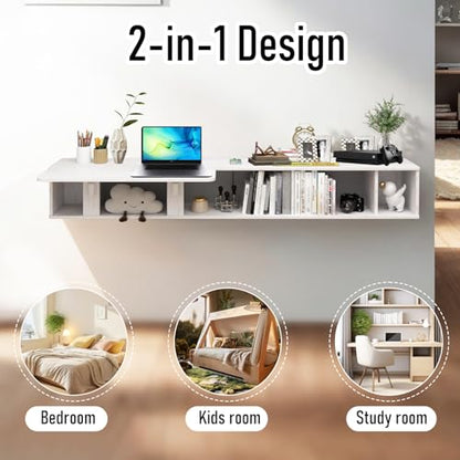 Pmnianhua 70'' Floating Desk with Storage Shelves,Wall Mounted Desk Laptop Computer Writing Study Table for Bedroom Small Space(White)