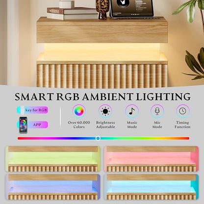 Xixini Nightstand with Charging Station and RGB LED Lights, Fluted 3-Drawer Bedside Table with Sliding Top, Wooden End Table for Bedroom, Living Room, Oak - color: Oak