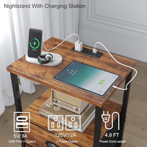 Sthmec Rustic Brown Industrial Nightstand Set of 2, Bedside Table with 2 Fabric Drawers, 3-Tier Storage, LED Light, Charging Station, 11.38''D * 15.38''W* 24.75''H - color: Rustic Brown