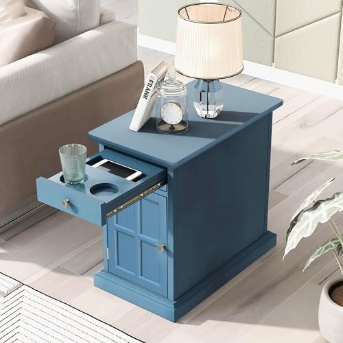 Multifunctional Classic Vintage End Table with USB Ports and 1 Drawer with Cup Holders, Sofa Side Bedside Nightstand Narrow Table for Living Room Bedroom (Antique Navy) - color: Antique Navy