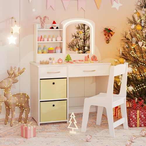 Costzon Kids Vanity with Lights, Princess Makeup Dressing Desk with Mirror and Stool, Storage Drawers, Shelves, Vanity Table and Chair Set for Little Girls (White) - style: White