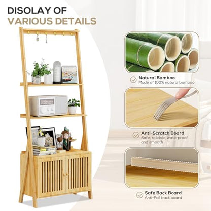 Bookcase with Drawers, 4-Tier Bamboo Bookshelf Ladder Shelf with 6 Hooks, Tall Narrow Book Shelf, 24.8"L x 10.6"W x 59.5"H, Standing Storage Organizer for Living Room, Home Office, Bedroom, Bathroom - color: 4-tier Natural