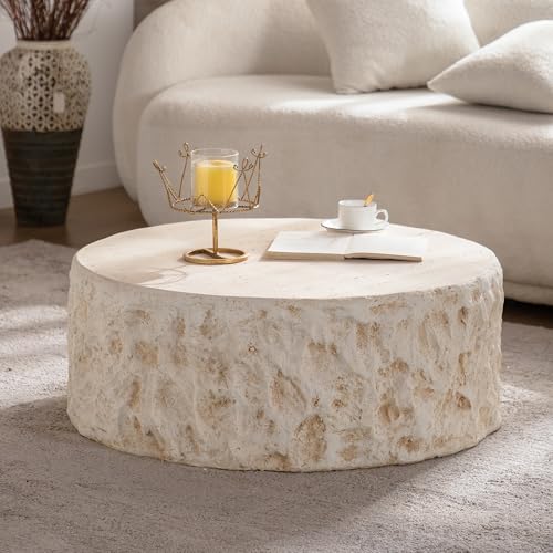 Round Coffee Table for Living Room Outdoor Faux Stone Coffee Table Amber Travertine Concrete Pattern, 31.49" Modern Faux Marble Center Tables Tea Tables, No Need Assemble, Beige - color: Faux Stone-round-31.49inch-beige-coffee