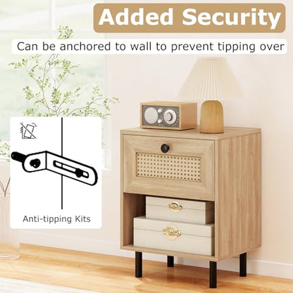 Giantex Rattan Nightstand with Drawer, Mid Century Modern Bed Side Table w/ 4 Metal Legs and Open Storage Shelf, Wood Boho End Table for Small Spaces, Night Stand for Bedroom Office, Natural - color: Natural