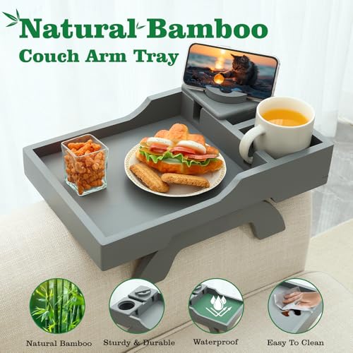 GHKINMAL Couch Cup Holder, 4-in-1 Side Couch Arm Tray with Phone Holder, Sofa Clip on Side Table for Wide Couches Arm, Suitable for Home Drinks/Remote/Snacks-Grey - color: Gray