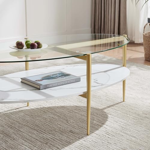 LumFurn Oval Glass Coffee Table, Mid-Century Modern Design, L43 x W22 x H17 inch, Surfboard Shaped Clear Glass Top and White Marble Finish Wood Shelf, Tapered Legs with Gold Finish Frame - color: Clear & White Marble, size: L43" Surfboard Coffee Table