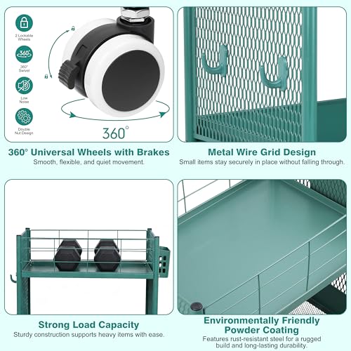 3 Tier Rolling Storage Cart Metal Utility Cart with Wheels | Office Organizer with Hooks & Hanging Cups, Mobile Shelving Unit for Kitchen Nursery Craft Snack Book - color: Emerald Green