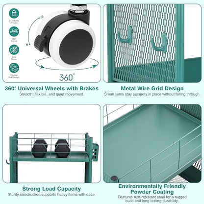 3 Tier Rolling Storage Cart Metal Utility Cart with Wheels | Office Organizer with Hooks & Hanging Cups, Mobile Shelving Unit for Kitchen Nursery Craft Snack Book - color: Emerald Green