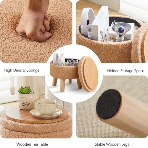 Wimarsbon Storage Ottoman, Modern Round Footrest with Soft Padded Seat, Teddy Velvet Footstool with Wood Legs, Accent Small Table or Plant Stand for Hallway, Living Room (Champagne) - color: Champagne