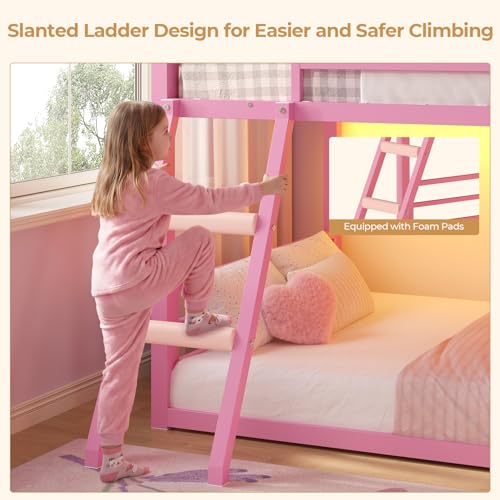BTHFST Low Bunk Bed Twin Over Twin with 7 Large Fabric Drawers & Bookshelf, Metal Bunk Bed with RGB LED Lights & Slanted Ladder & Safety Guardrail, Space-Saving Kids Low Loft Bed Twin, Pink - color: Pink