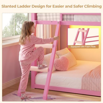 BTHFST Low Bunk Bed Twin Over Twin with 7 Large Fabric Drawers & Bookshelf, Metal Bunk Bed with RGB LED Lights & Slanted Ladder & Safety Guardrail, Space-Saving Kids Low Loft Bed Twin, Pink - color: Pink
