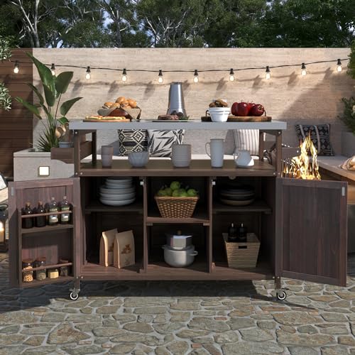 Merax 50" Outdoor Kitchen Grill Cart Island on Wheels with Stainless Steel Top,Farmhouse Style Solid Wood Frame Storage Cabinet for Backyard - color: Dark Brown