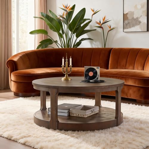 Coffee Table Round 40 inch for Living Room Modern 2-Tier Solid Wood Desktop Coffee Tables with Stroage Casters Circle Drum Tea Wooden Handcraft Home Furniture for Apartment Easy Assembly Brown - color: 40 Brown 2-tier