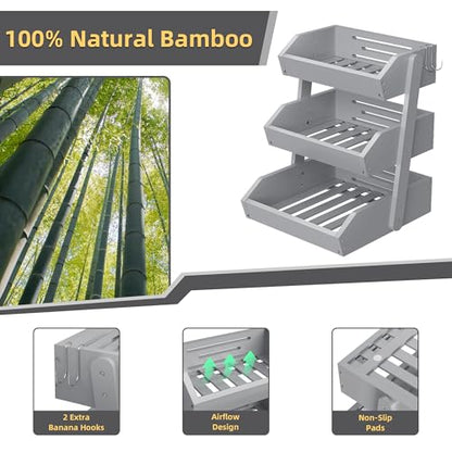 Hellojin Gray Bamboo 3 Tier Fruit Basket for Counter with Banana Hangers | Wooden Tiered Organizer, Protective Mats, Large Capacity, Versatile Holder for Bread, Snacks, Veggies, Onion and Potato - color: Grey-3 tier