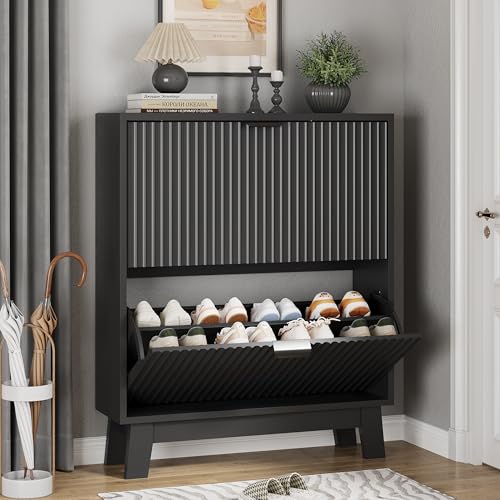 Xixini Shoe Cabinet with 2 Flip Drawers, 37" Tall Narrow Fluted Shoe Storage Organizer for Entryway, Hidden Slim Wooden Shoe Rack Cabinet for Front Door Entrance, Hallway, Living Room, Solid Black - color: Solid Black, size: 2 Flip Drawers