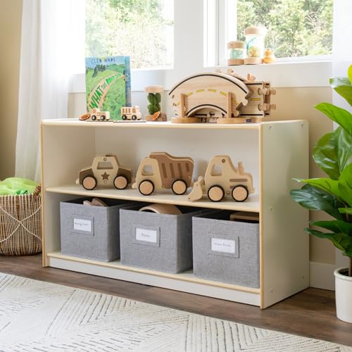 Guidecraft EdQ Two Shelf Open Storage 24'' White with 3 Fabric Bins: Wooden Organizer Cabinet for School and Home, Teacher's Book Cubby and Toy Shelf - color: White