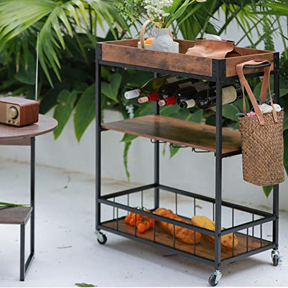 Bar Cart Serving Wine 3 Tier Home Rolling Rack with Wheels Mobile Kitchen Industrial Vintage Style Wood Metal Serving Trolley Serving Cart,Glass Holder Bar Cabinet - size: Rustic Brown, style: Standard