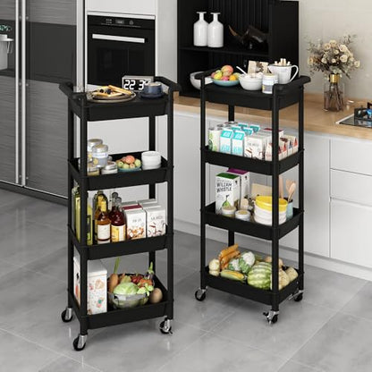 MIOCASA 4-Tier Utility Rolling Cart with Detachable Tray Top, Kitchen Storage Organization, Art Cart with Wheels for Office, Classroom, Livingroom, Kitchen, Bathroom, Black, Plastic - size: 4-Tier, style: Black