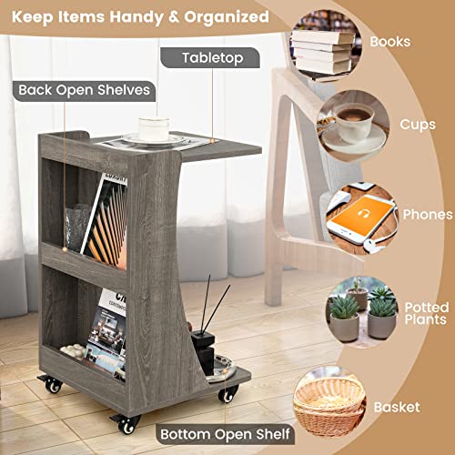 Tangkula C-Shaped End Table, Small Sofa/Couch Side Table Snack Table with 3-Tier Back Compartment, Wheels with Brakes, Modern Rolling Nightstand for Living Room, Bedroom, Small Space (1, Grey)